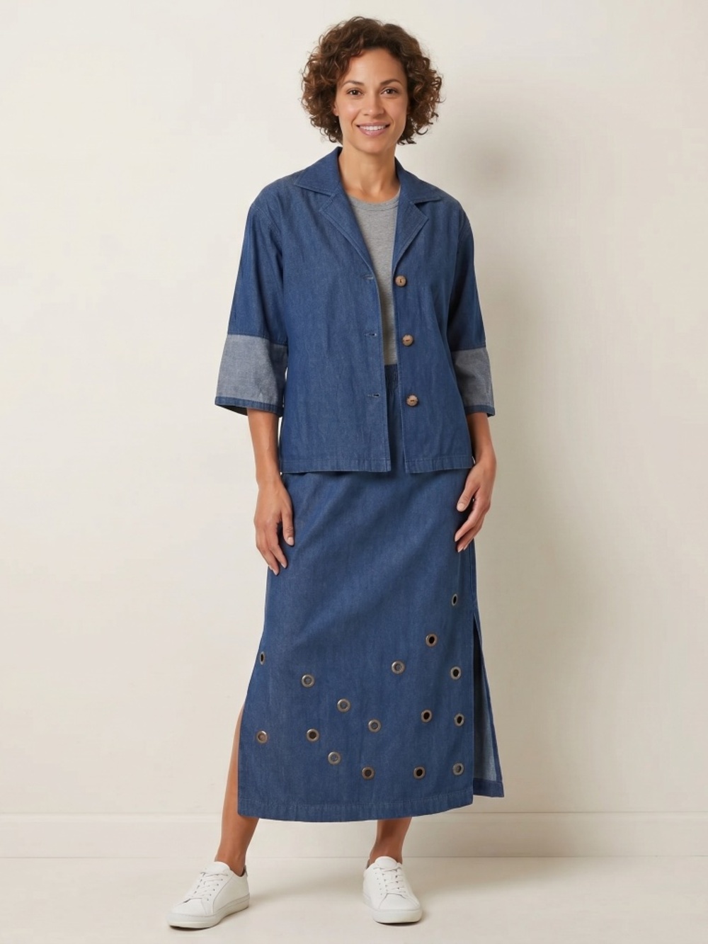 NEW VNTG GENE EWING bis bis Denim Button-Up Shirt with Contrast Sleeves petite